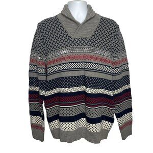 Tommy Hilfiger Sweater Size XL Gray Blue Geometric Shawl Collar Eclectic Grandpa